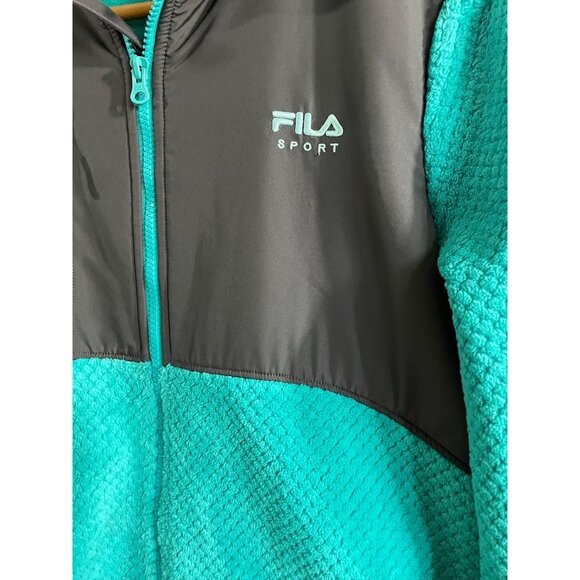 Fila Sport Womens Fleece Jacket L Turquoise & Gray Polyester Faux Fur Coat Zip - Picture 2 of 9
